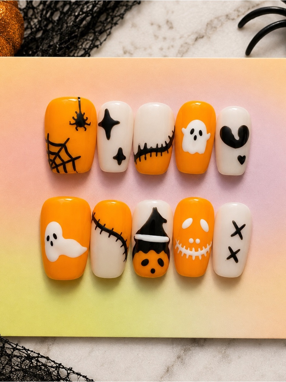 🎃 Halloween Ghost & Spider Press-On Nails